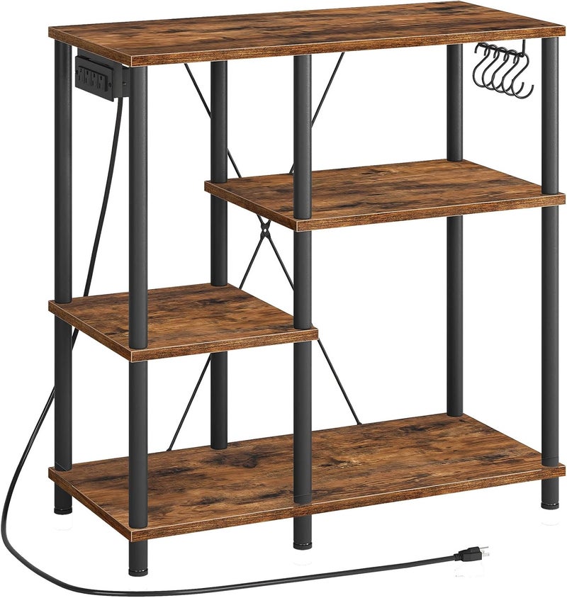 HOOBRO Bakers Rack with Power Outlet, Microwave Stand with 5 S-Shaped Hooks, Coffee Bar, Kitchen Storage Shelf, for Kitchen, Living Room, Rustic Brown and Black BF07UHB01 - Image 1